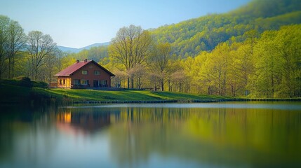 Fototapeta premium Lakeside house, spring, tranquil mountain view, real estate