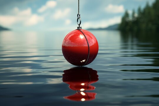 Red buoy hanging over a calm water surface, reflecting on the lake with forest in the background - Powered by Adobe
