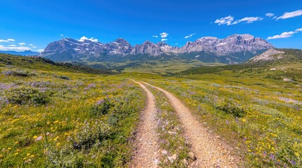 Mountain meadow path, wildflowers, sunny day, scenic view, travel photography