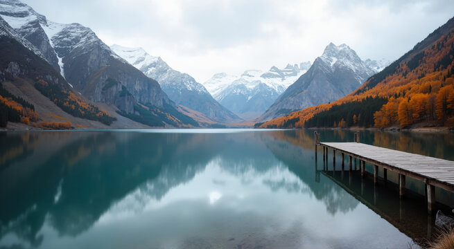 Serene mountain lake with a wooden pier in autumn. The snow-capped peaks and colorful foliage create a picturesque landscape. - Powered by Adobe