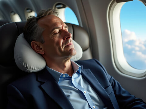 Empresario durmiendo en un avi&oacute;n con una almohada cervical
