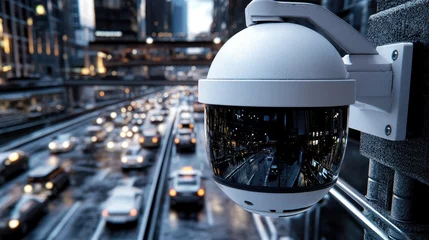 Peel and stick wall murals High-speed vehicles navigate urban highway under a traffic camera, capturing movement and activity in the evening setting