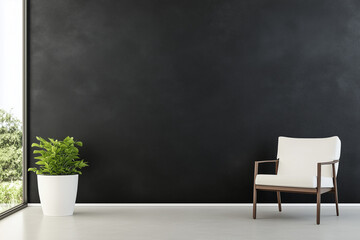 A minimalist interior scene featuring a white armchair with wooden legs next to a large window. The wall is painted black, and a green potted plant adds a touch of nature to the space.