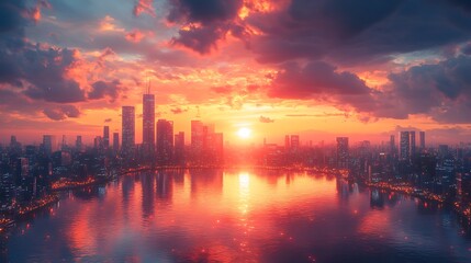 Fototapeta premium Crystal skyscraper reflecting sunset city photo