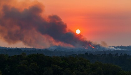 산불이 숲을 태우며 번지는 장면, 하늘은 붉은색과 검은색으로 물들어 있고, 연기가 공중에 가득함