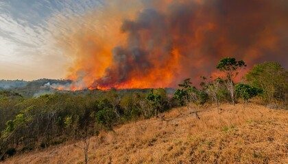 Obraz premium 산불이 숲을 태우며 번지는 장면, 하늘은 붉은색과 검은색으로 물들어 있고, 연기가 공중에 가득함