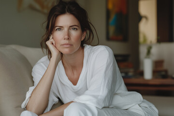 Obraz premium Sad Upset Worried Middle Age Caucasian Housewife sitting on living room Sofa, Thinking