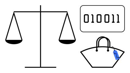 Balance scale, binary code, and shopping bag with price tag. Ideal for digital economy, online shopping, data valuation, consumer ethics, e-commerce technology societal impact. Minimalist abstract