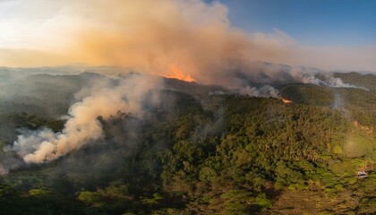 Fototapeta premium 산불이 숲을 태우며 번지는 장면, 하늘은 붉은색과 검은색으로 물들어 있고, 연기가 공중에 가득함