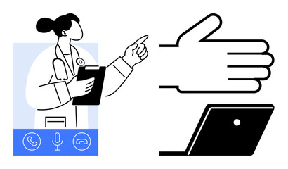 Doctor holding clipboard with icons representing video call, microphone, and phone. Hand pointing to laptop screen. Ideal for online healthcare, telemedicine, virtual appointments, technology in