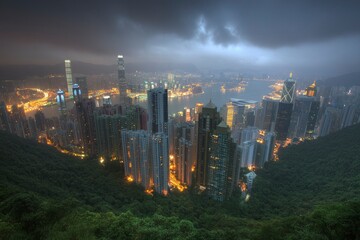 Night View of Hong Kong City Skyline and Lush Green Hills