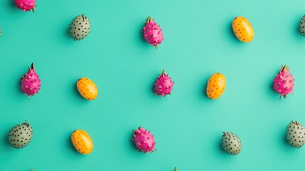 Tropical Fruits Arranged on Turquoise Background