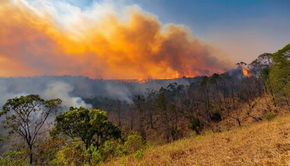 산불이 숲을 태우며 번지는 장면, 하늘은 붉은색과 검은색으로 물들어 있고, 연기가 공중에 가득함