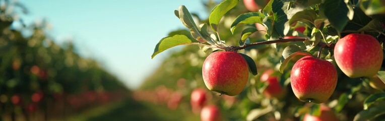 Apple trees in full bloom create a picturesque landscape under a clear spring sky. Bright red apples hang on branches, signaling the arrival of a fruitful season