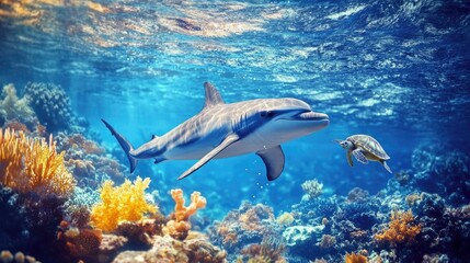 Obraz premium Celebrate Our Waters: World Oceans Day Artwork Featuring Vibrant Underwater Life with Dolphins, Sharks, Corals, Sea Plants, and Turtles