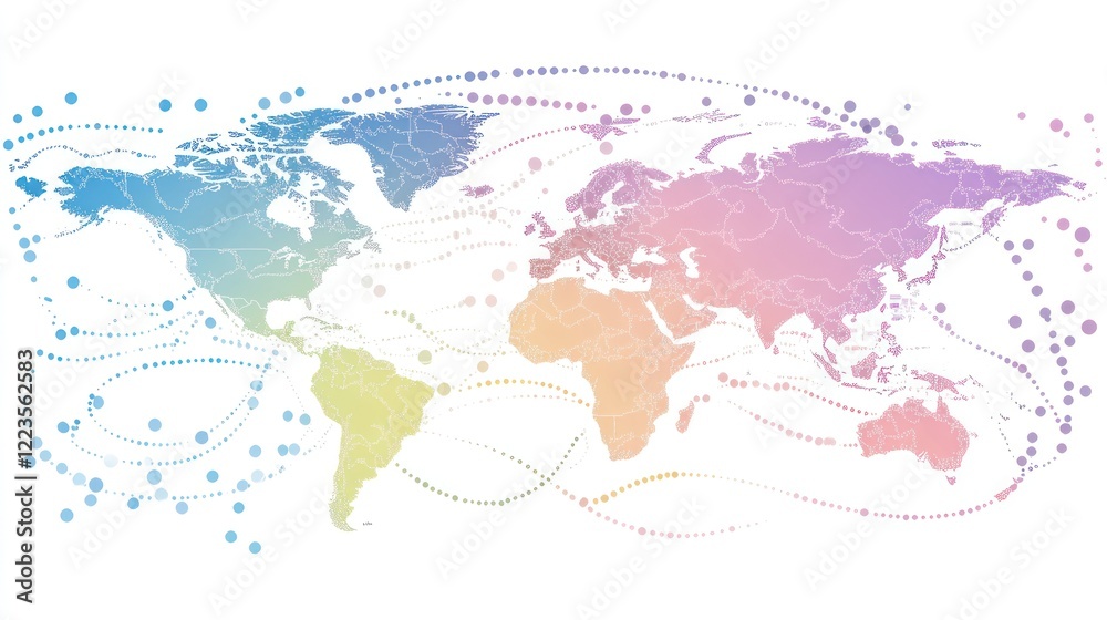 Poster Pastel World Map with Connecting Data Streams