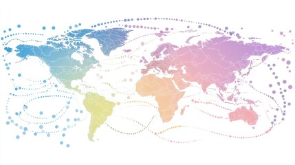 Pastel World Map with Connecting Data Streams