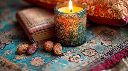 Lit candle, dates, book on ornate rug, calm background