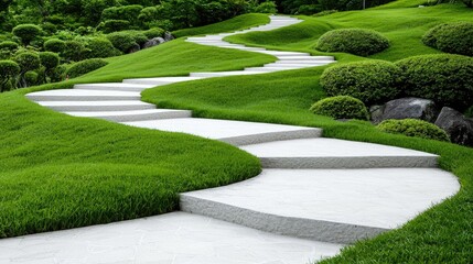 Serpentine stone path winding through lush green Japanese garden.  Use Relaxation, tranquility