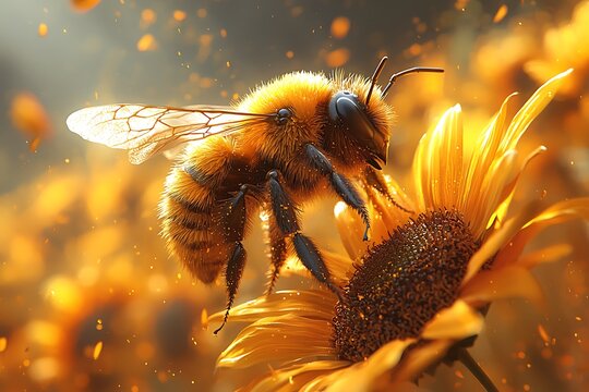 Artistic rendering a bumblebee hovering near a sunflower, its tiny wings vibrating rapidly