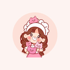 Cute chef with the pigs logo cartoon design. Hand drawn vector illustration premium.