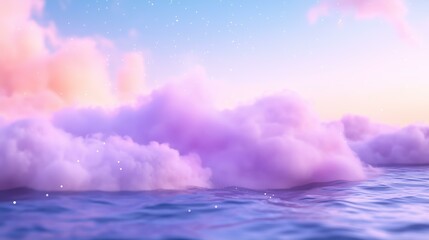 Dreamy pastel sky with fluffy pink clouds over calm ocean at sunset with gentle atmosphere