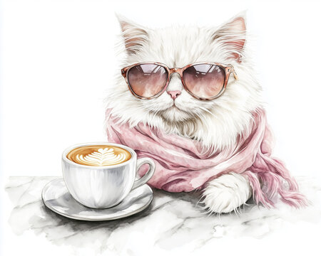 petfluencer ,Watercolor illustration of a fluffy white Persian cat wearing  modern pastel scarf , sunglasses posing next to a cup of latte art coffee on marble table, on  white background 