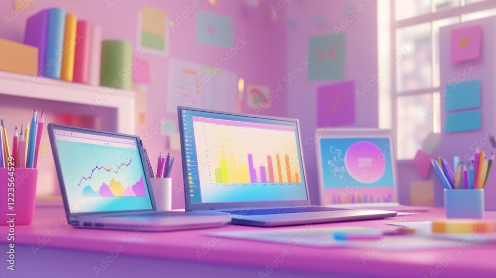 Poster colorful workspace featuring laptops and data charts
