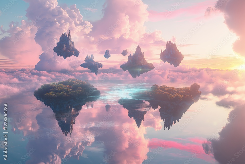 Poster a surreal dreamscape with floating islands and pastel