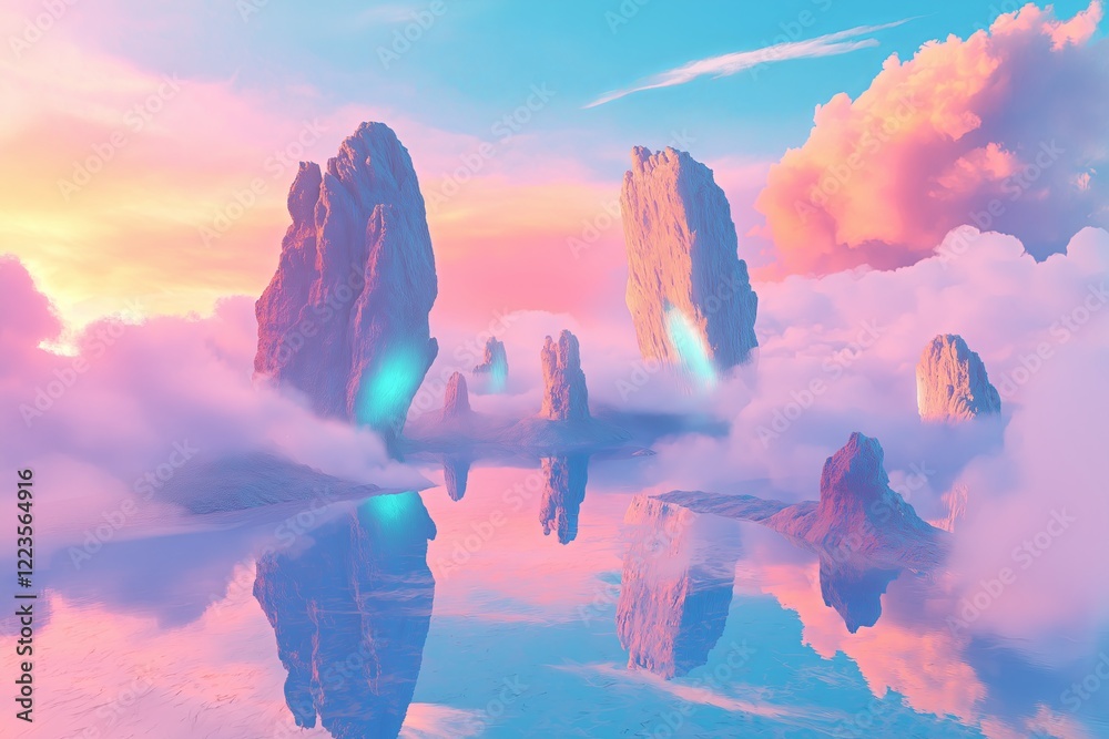 Poster a surreal dreamscape with floating islands and pastel