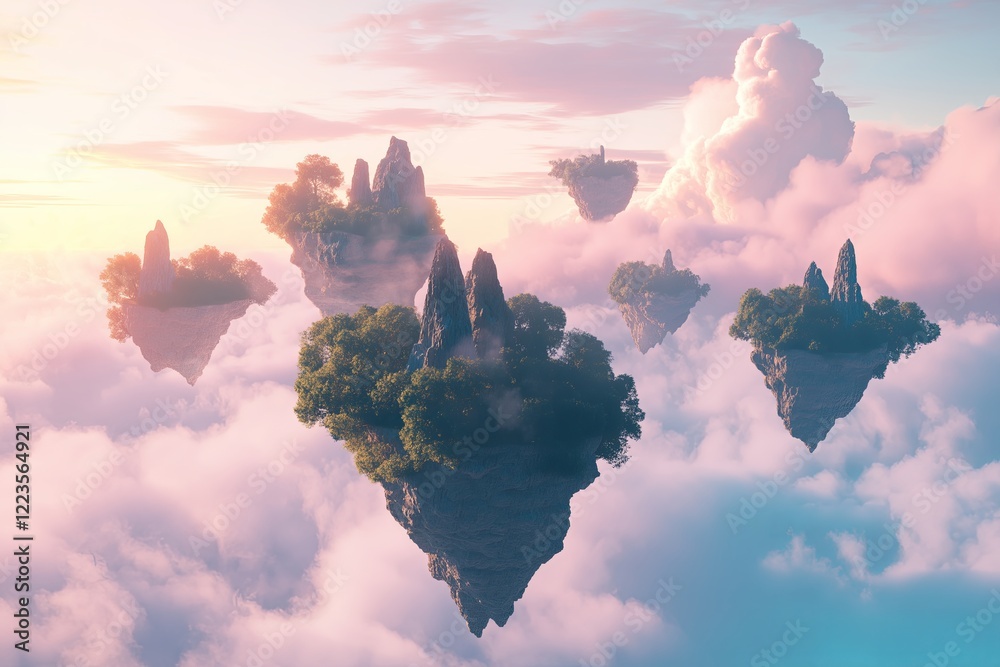 Poster a surreal dreamscape with floating islands and pastel