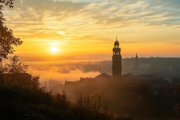 Lviv Skyline at Sunrise: A Gorgeous View of Ukraine's Historic City Bathed in Morning Light