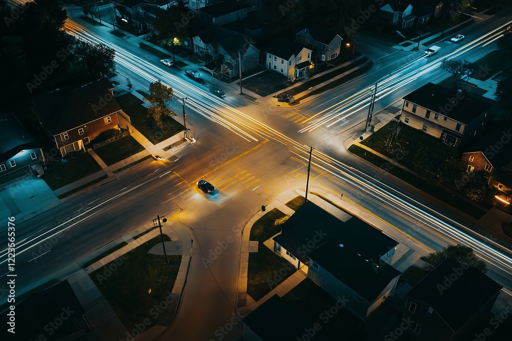 Poster a time-lapse effect of a busy intersection at night with light trails.