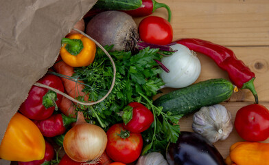 Fresh Organic Vegetables in Paper Bag on Wooden Background