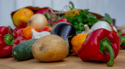 Fresh Organic Vegetables in Paper Bag on Wooden Background
