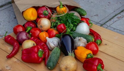 Fresh Organic Vegetables in Paper Bag on Wooden Background