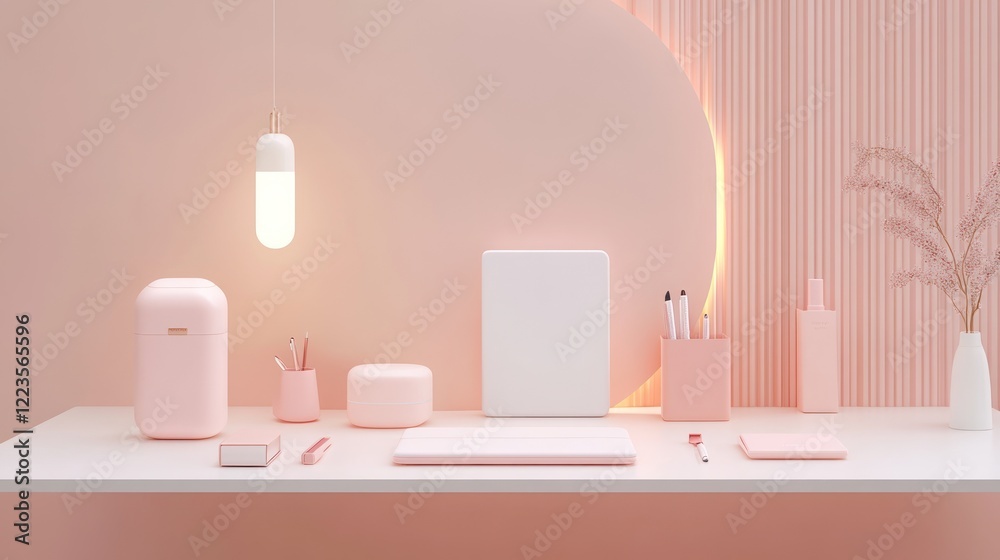 Poster pink minimalist workspace with modern design elements