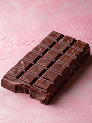 Bitten dark chocolate bar on pink textured background.