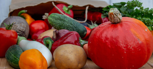 Fresh Organic Vegetables in Paper Bag on Wooden Background