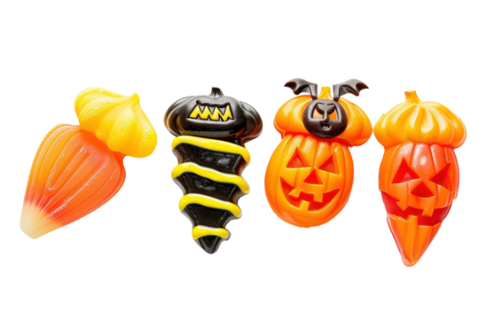 Festive Halloween candies showcasing colorful treats shaped like pumpkins, bats, and candy corn against a bright background isolated on transparent background