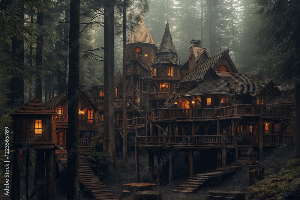 Poster a towering treehouse village nestled in an ancient enchanted forest.