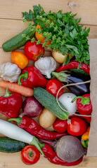Fresh Organic Vegetables in Paper Bag on Wooden Background