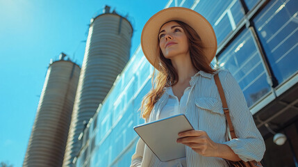 Young woman exploring urban architecture with tablet on a clear day, wearing straw hat and striped shirt near modern glass structure