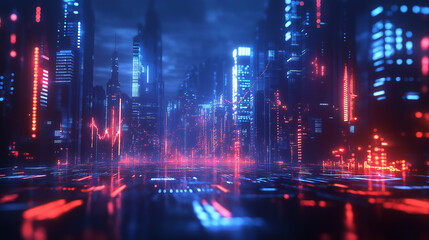 Fototapeta premium A futuristic city illuminated by Vibrant Blue and Red Neon Lights