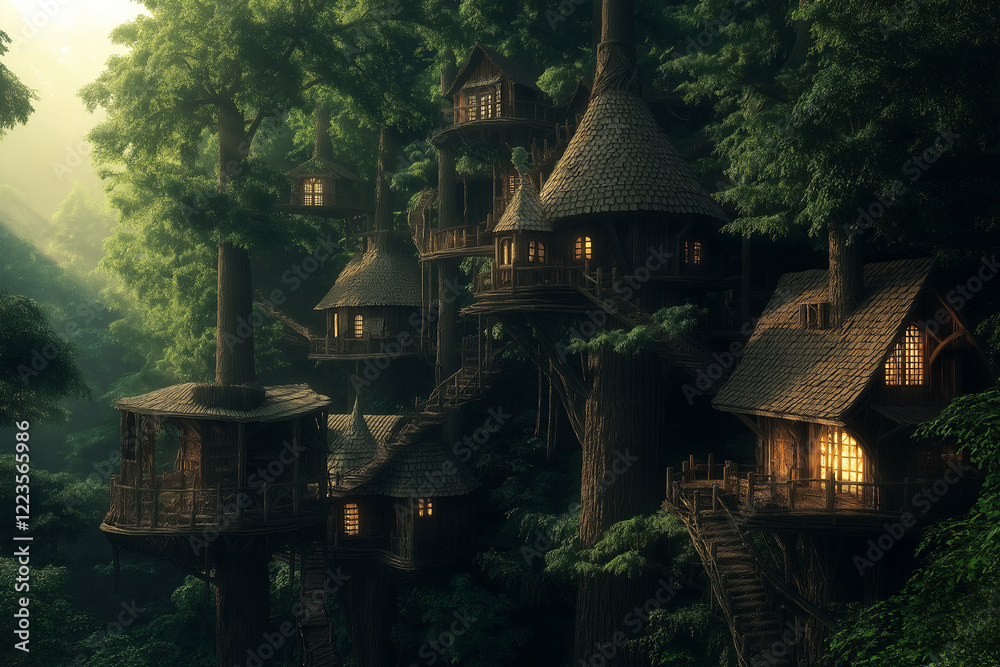 Poster a towering treehouse village nestled in an ancient enchanted forest.