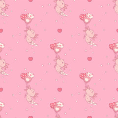 Seamless pattern with cute Axolotl with balloons heart on pink background. Funny Little kawaii character. Vector illustration. Romantic holiday backdrop
