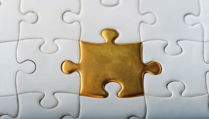 Obraz premium 수많은 흰색 퍼즐 조각들로 이루어진 테이블 위에 하나의 금빛 퍼즐 조각이 중앙에 놓여 강렬하게 빛나는 장면