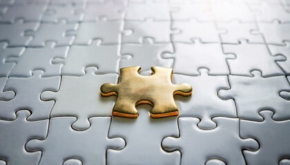 수많은 흰색 퍼즐 조각들로 이루어진 테이블 위에 하나의 금빛 퍼즐 조각이 중앙에 놓여 강렬하게 빛나는 장면