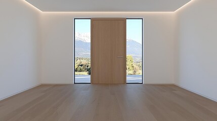 Obraz premium Modern empty room with mountain view, open door to nature. Real estate