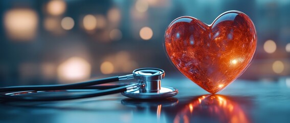 Glowing Heart: Stethoscope and fiery red heart medical image